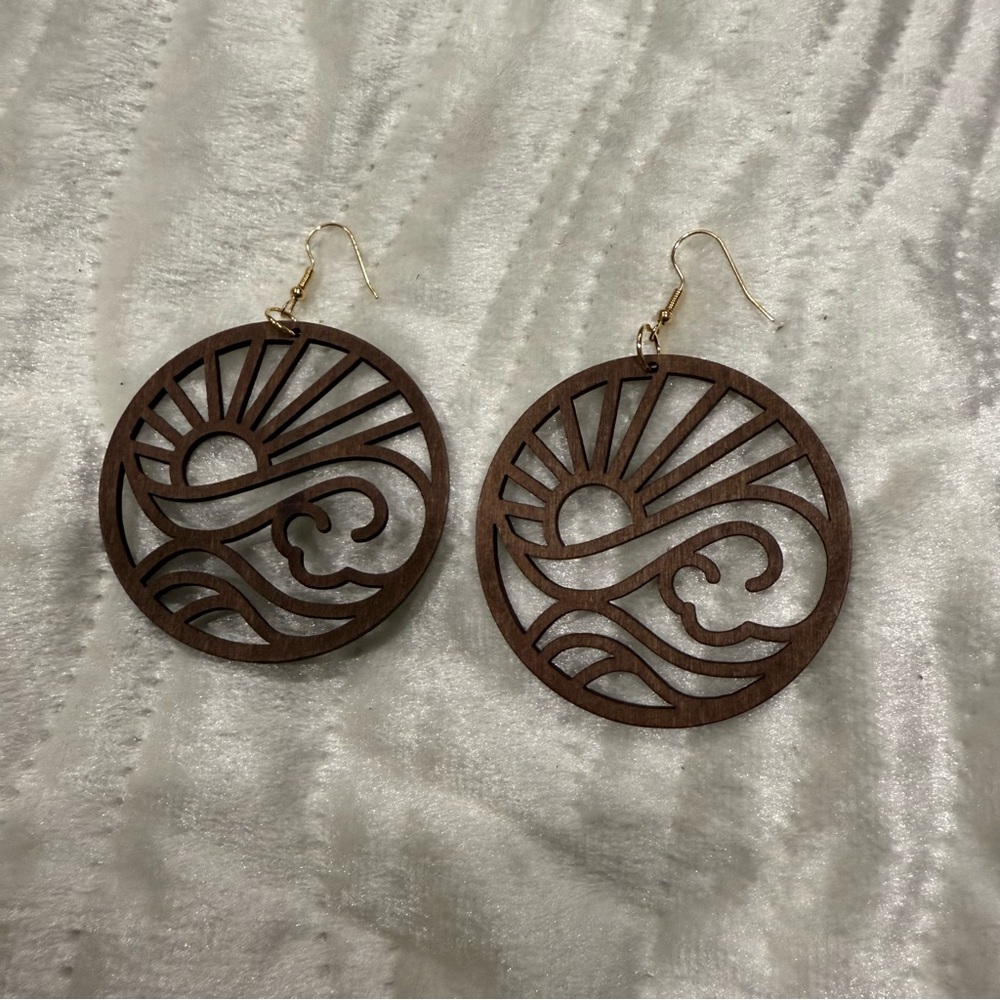 10 for $10 Round Wooden Sun and Wave Earrings